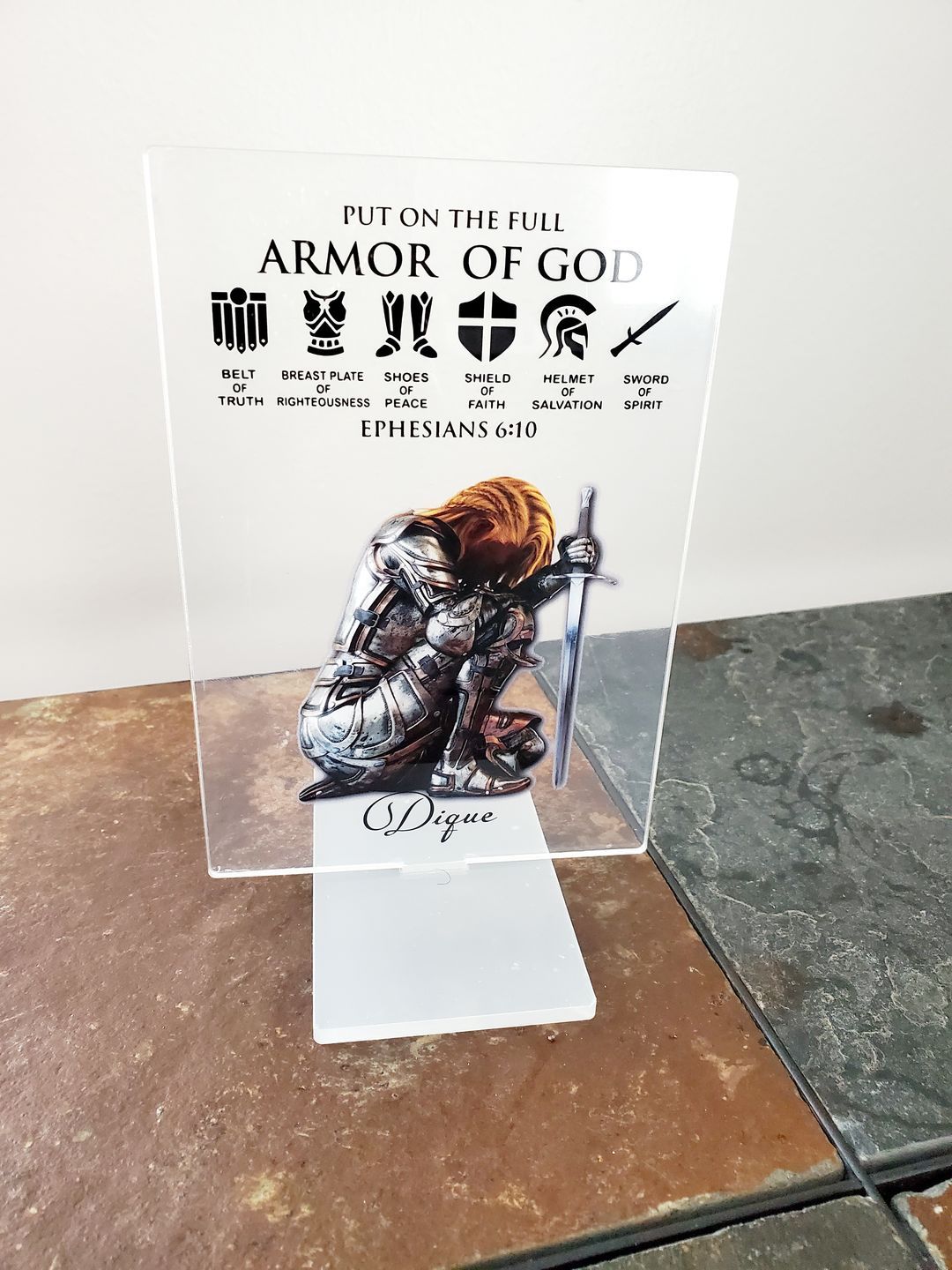 Customer photo review of Personalized Custom Name, Skin Tone And Hairstyles Woman Warrior Of God of God Put On The Full Armor of God Ephesians 6-10 Acrylic Plaque