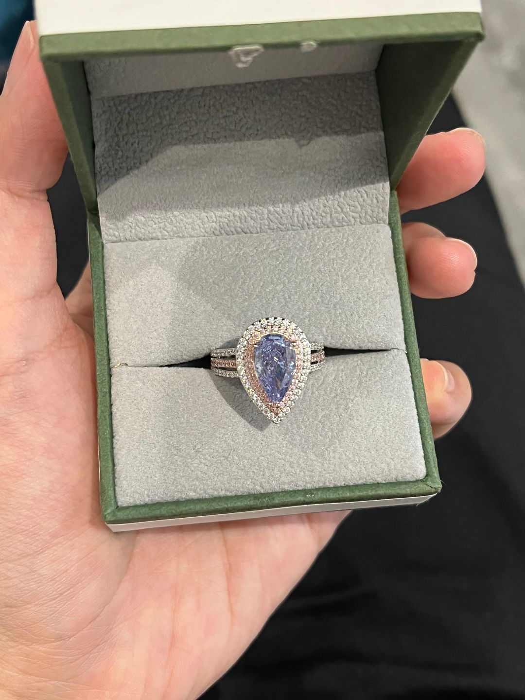 Customer photo review of Louily Luxurious Double Halo Pear Cut Aquamarine Blue/Purple Engagement Ring In Sterling Silver