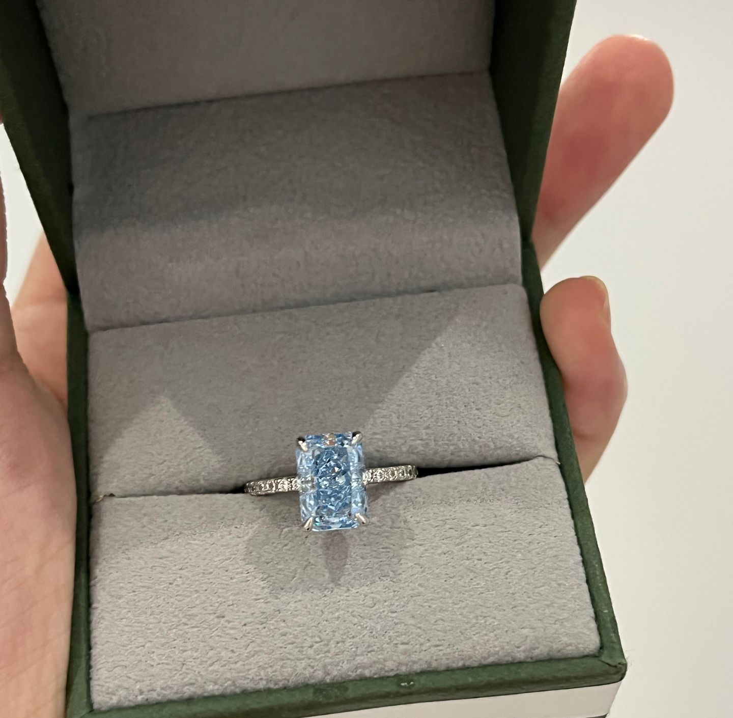 Customer photo review of Louily Exclusive Radiant Cut Light Aquamarine Blue Engagement Ring In Sterling Silver