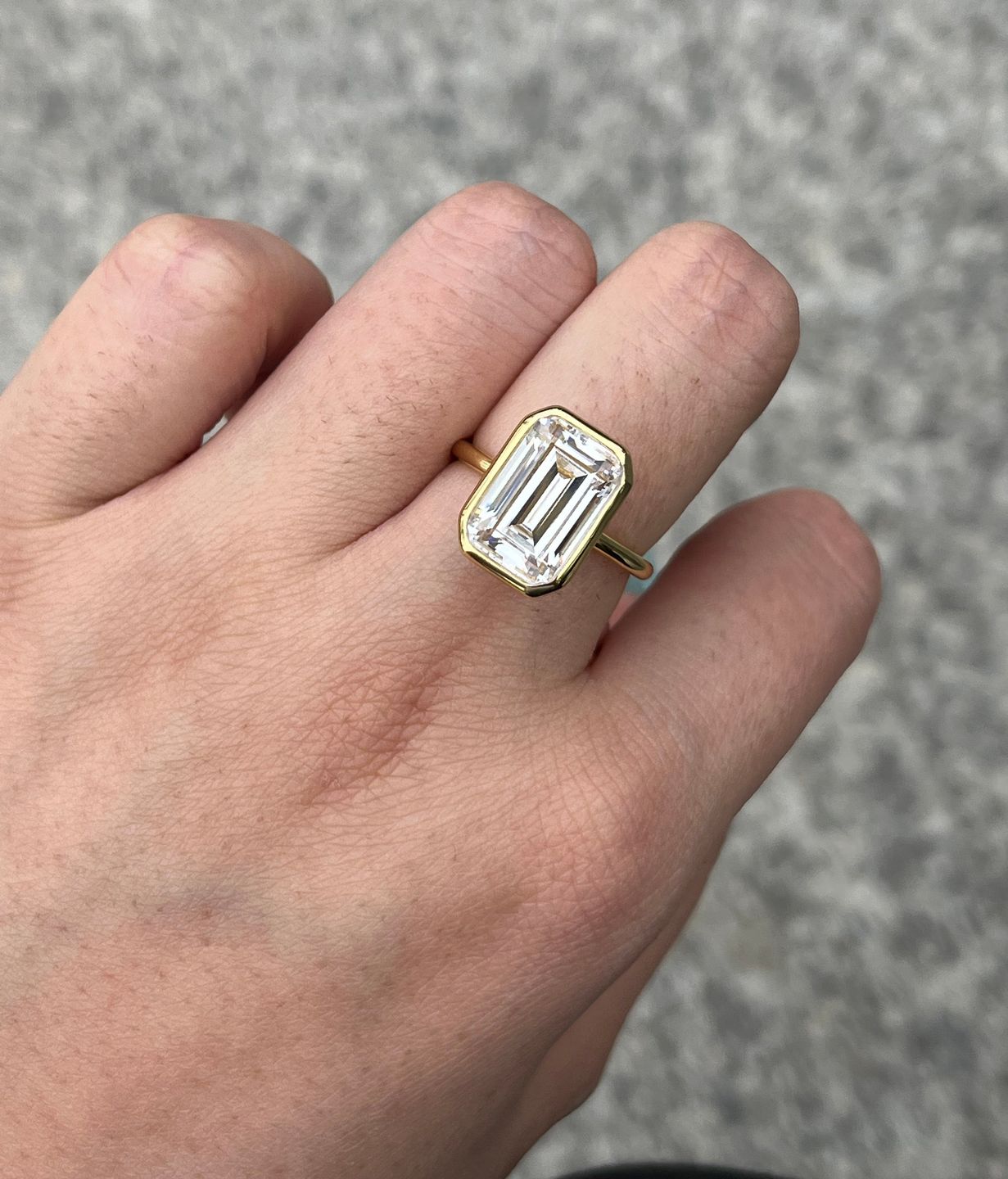 Customer photo review of Louily Unique Yellow Gold Emerald Cut Bezel Engagement Ring In Sterling Silver