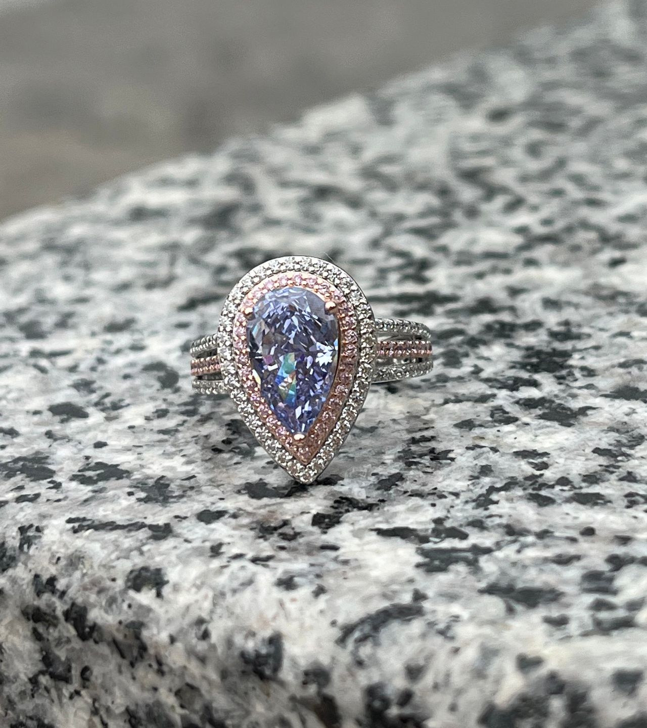 Customer photo review of Louily Luxurious Double Halo Pear Cut Aquamarine Blue/Purple Engagement Ring In Sterling Silver