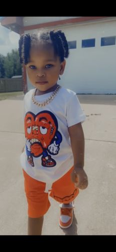 Customer photo review of Kids Heart Chenille Crew Neck and Raw Drip Red Chenille Cotton Shorts Set - White Tees / Red Shorts