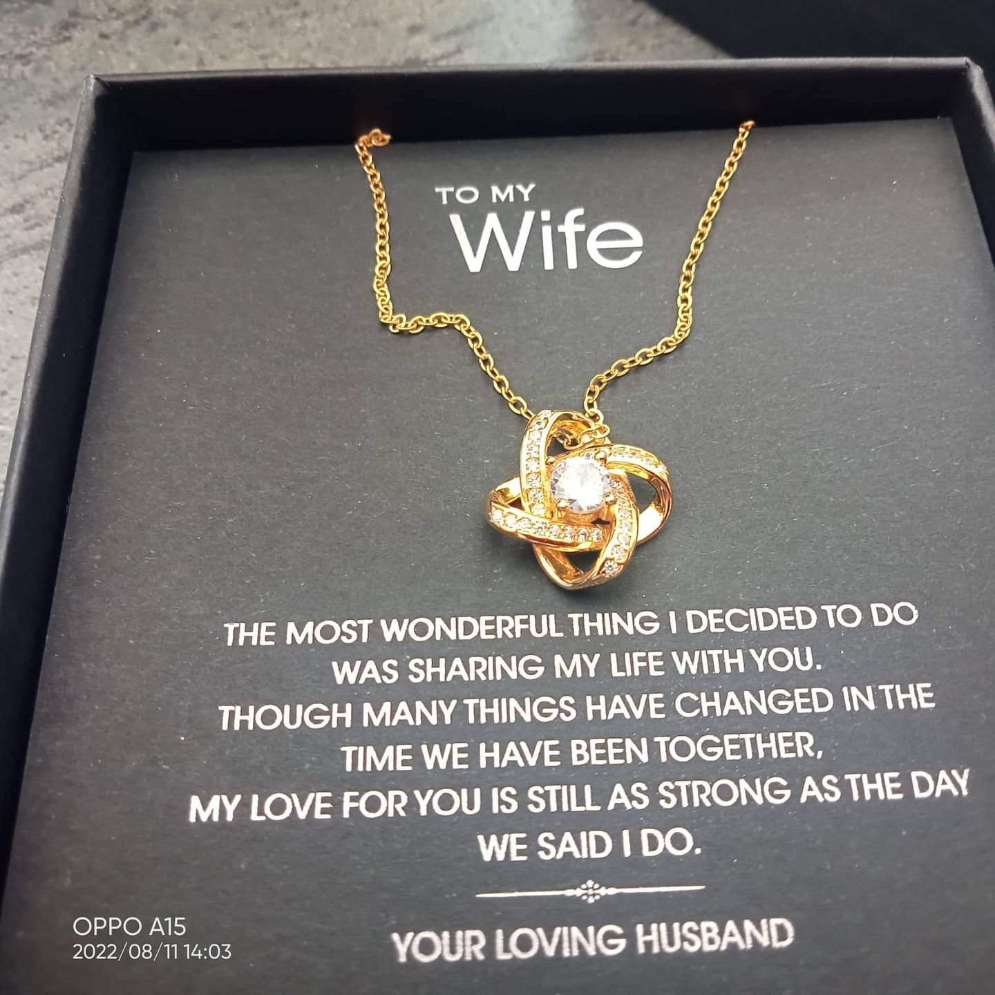 Customer photo review of To My Wonderful Wife Silver Love knot necklace