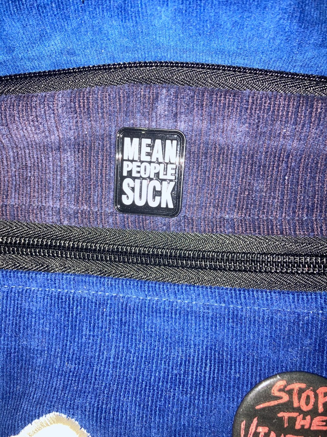 Customer photo review of Mean People Suck Pin