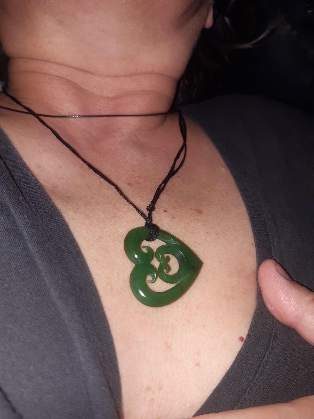 Customer photo review of Genuine NZ Greenstone Koru Double Heart Necklace