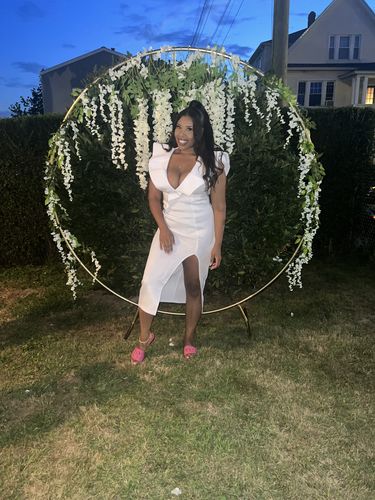 Customer photo review of White Deep V Neck Ruffles Sweet Backless Midi Dress