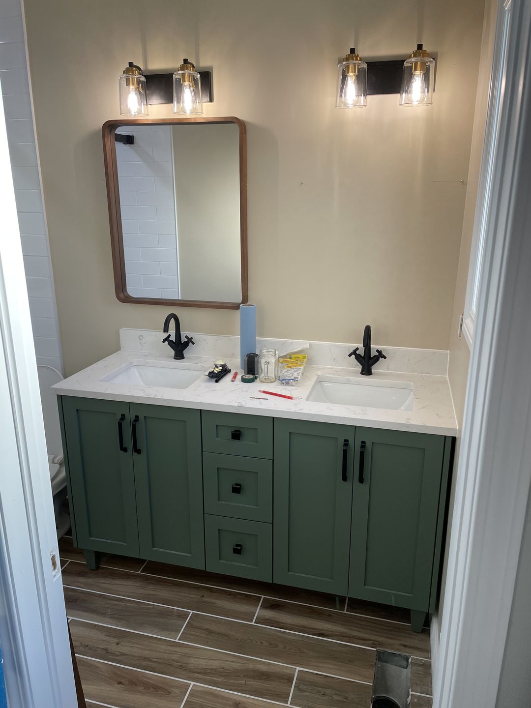 Customer photo review of Bridgeport 60" Sage Green Bathroom Vanity, Double Sink