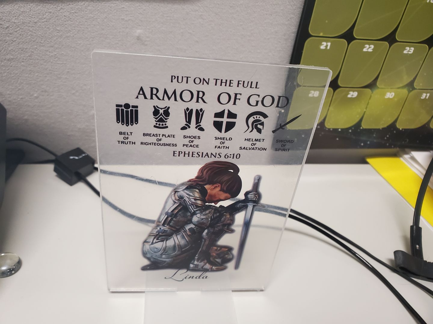 Customer photo review of Personalized Custom Name, Skin Tone And Hairstyles Woman Warrior Of God of God Put On The Full Armor of God Ephesians 6-10 Acrylic Plaque
