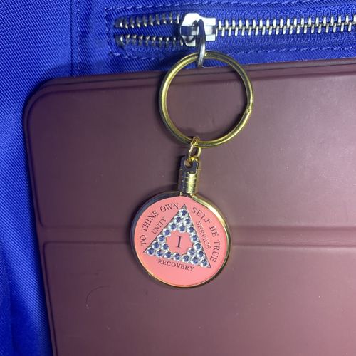 Customer photo review of Recovery Mint 1 Year Bling AA Medallion - Swarovski Crystallized Tri-Plate One Year Chip/Coin - Pink Diamond