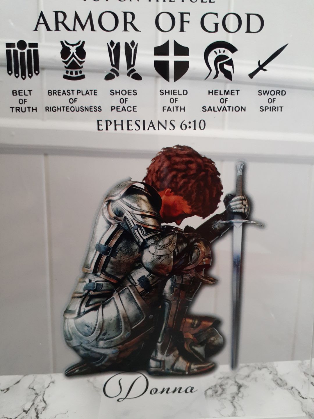Customer photo review of Personalized Custom Name, Skin Tone And Hairstyles Woman Warrior Of God of God Put On The Full Armor of God Ephesians 6-10 Acrylic Plaque