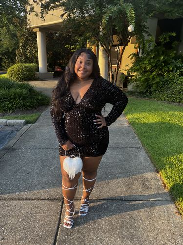 Customer photo review of Sequined Sparkly Deep V Neck Mini Dress