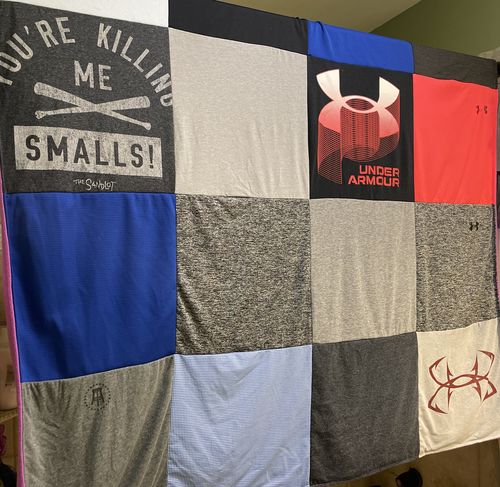 T-shirt quilt with sports, movies themes by Crystal from LA