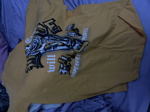 Customer photo review of Jordan 4 Lightning DopeSkill Tour Yellow T-shirt True Love Will Kill You Graphic