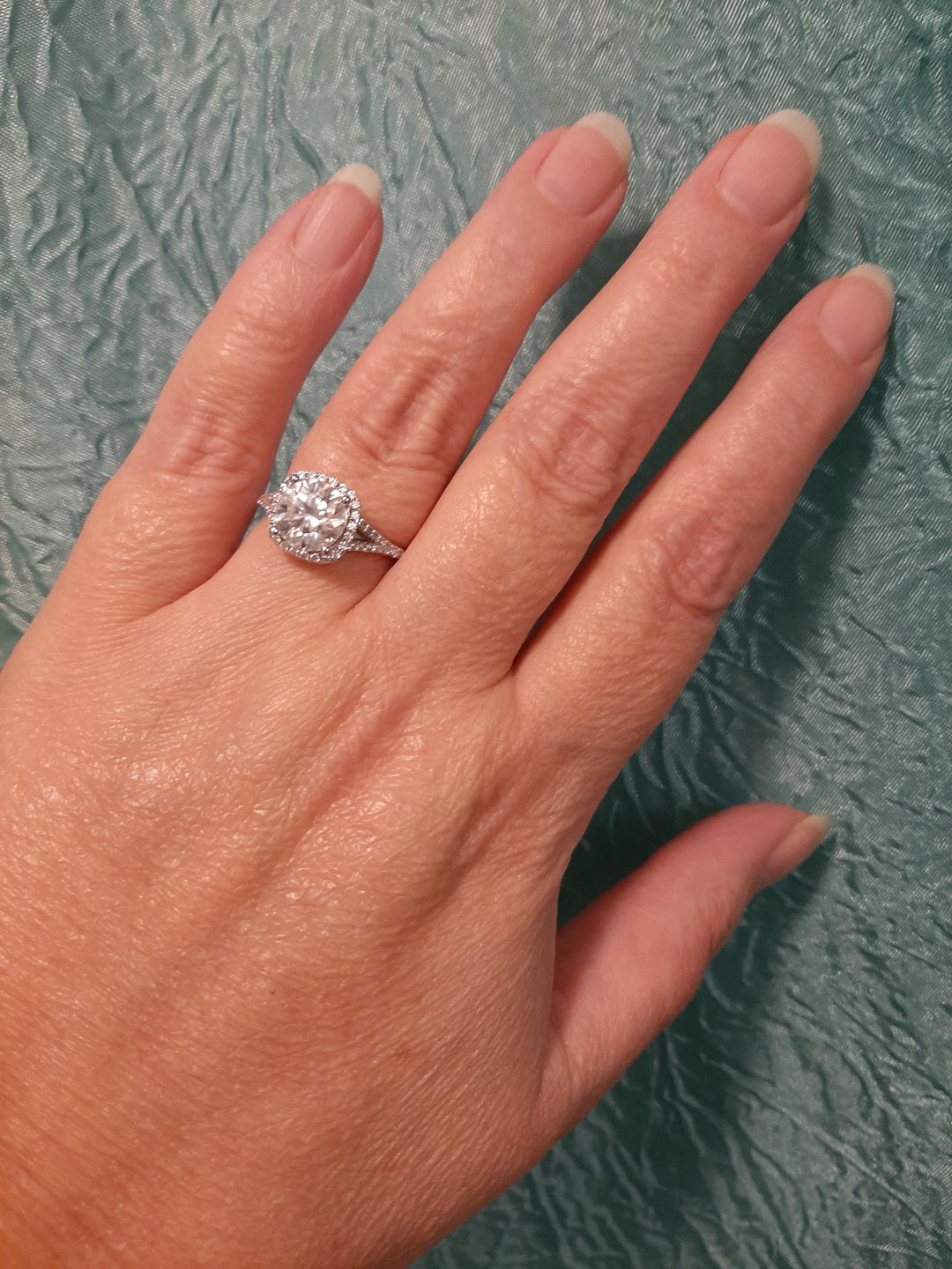 Customer photo review of Moissanite Split Shank Square Halo Pave Sterling Silver Wedding Ring