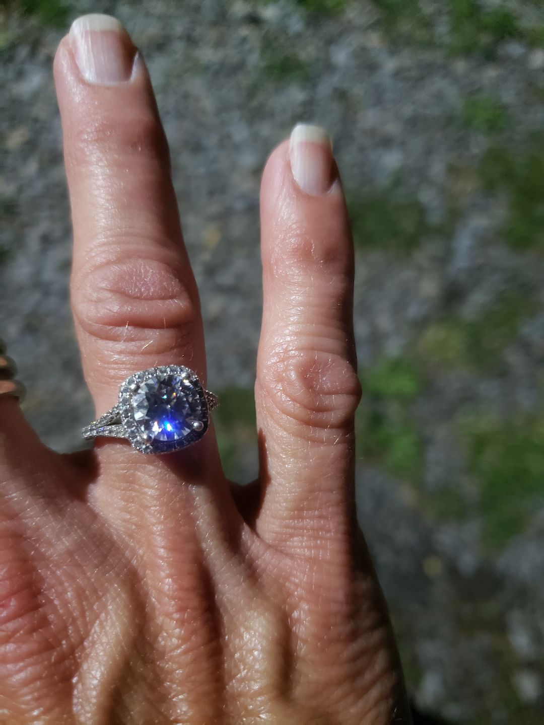 Customer photo review of Moissanite Split Shank Square Halo Pave Sterling Silver Wedding Ring