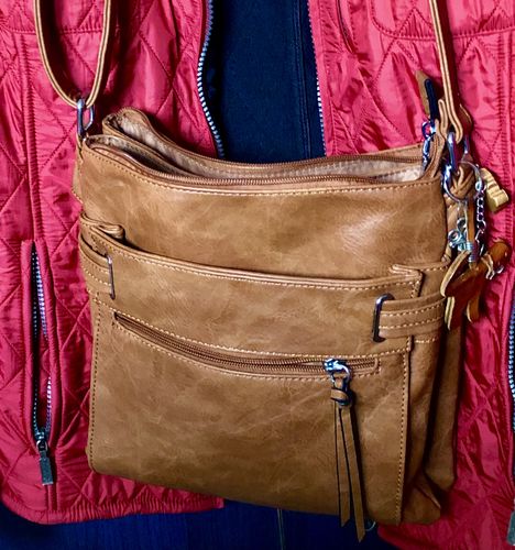 Customer photo review of LARGE TAN MULTI COMPARTMENT CROSSBODY BAG WITH LONG STRAP
