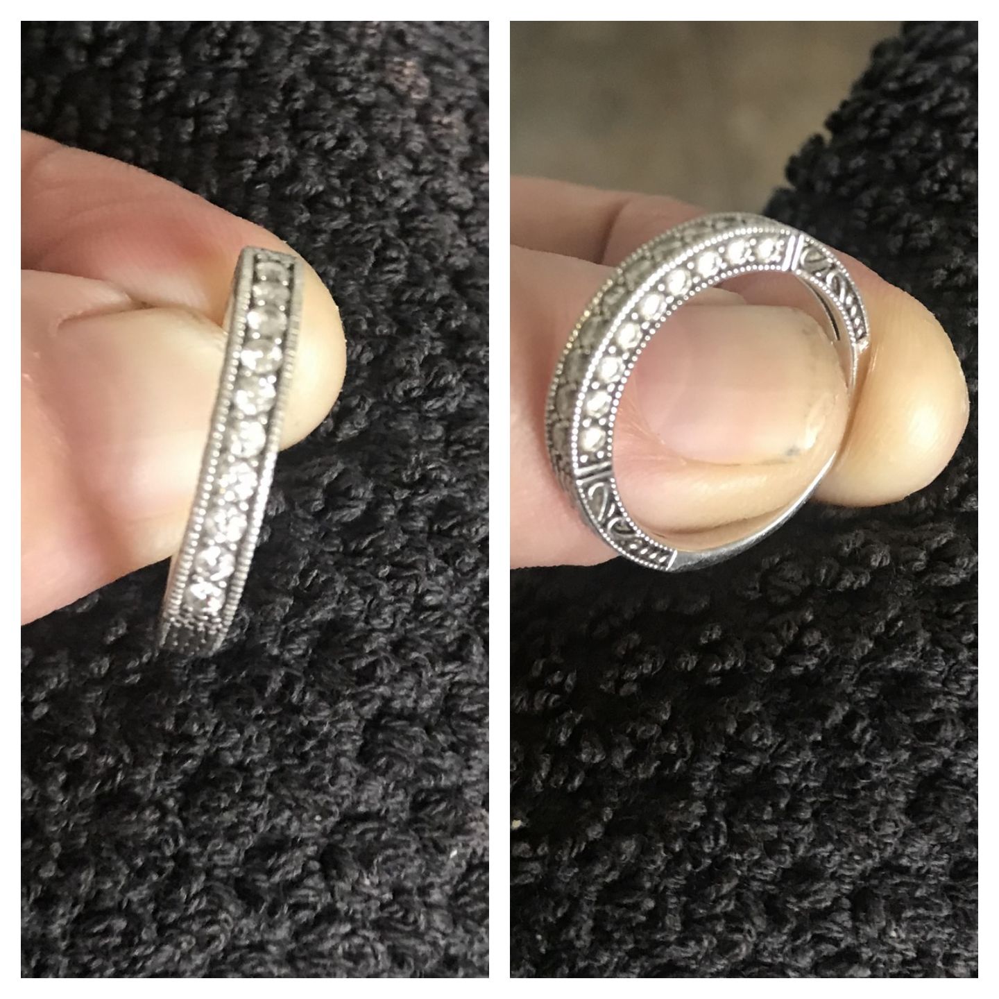 Customer photo review of Vintage Moissanite Sterling Silver Wedding Band Stackable Ring