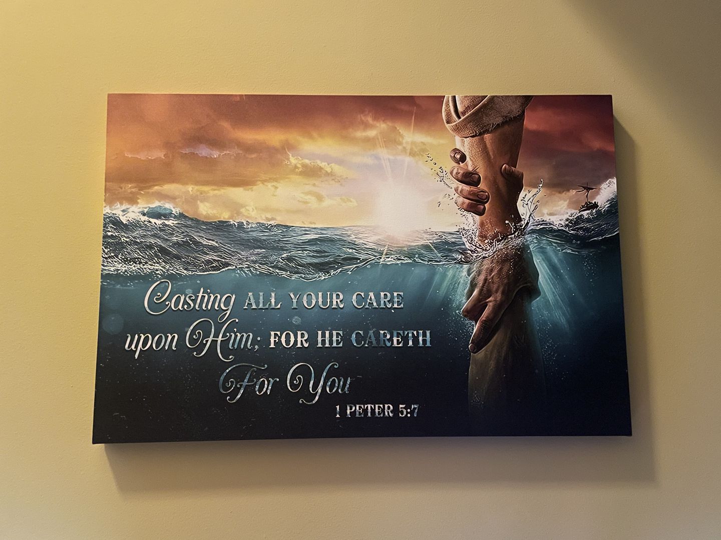 Customer photo review of Casting All Your Care Upon Him 1 Peter 5:7 KJV Wall Art Canvas, Bible Verse Wall Decor