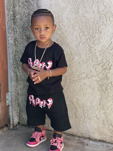 Customer photo review of Kids RAW Drip Camo Pink Chenille Crew Neck and Cotton Shorts Set - Black Tees / Black Shorts
