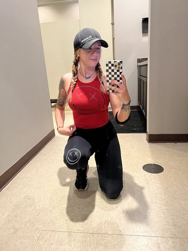 Customer photo review of Salty Savage Ladies High Rise Miami Legging with OG Smile Knee Logo | Booty Scrunch Edition | Miami Performance | Black