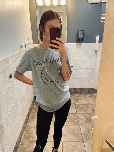 Customer photo review of Salty Savage Unisex “DEAD INSIDE” OG Smile Tee | Palm Tree Mix Up Edition | Gray