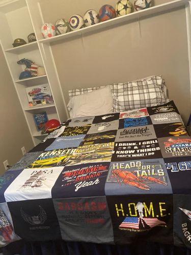 T-shirt quilt with sports, drinking themes by Robin from TX