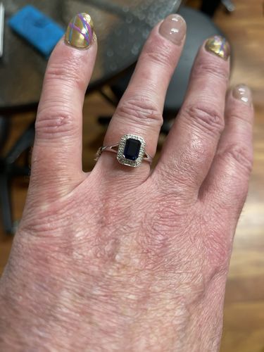 Customer photo review of Emerald Cut Created Sapphire & Diamond Halo Ring Made in 9ct White Gold