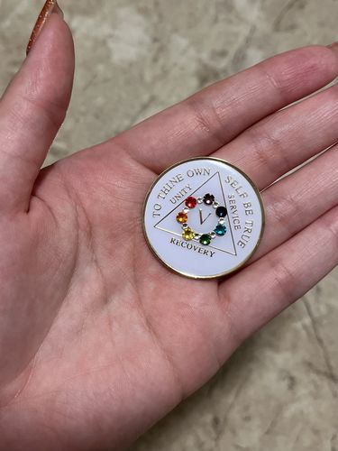 Customer photo review of 1 to 40 Year Bling AA Medallion - Swarovski Crystallized Tri-Plate Year Chip/Coin - White Chakra
