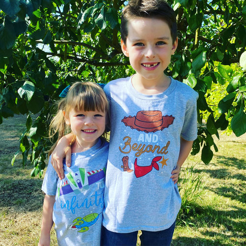 Customer photo review of Infinity And Beyond Cartoon Kids Matching Grey T-Shirts