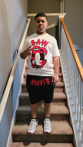 Customer photo review of Men RAW Nights Red Chenille Crew Neck and Cotton Shorts Set - White Tees / Black Shorts