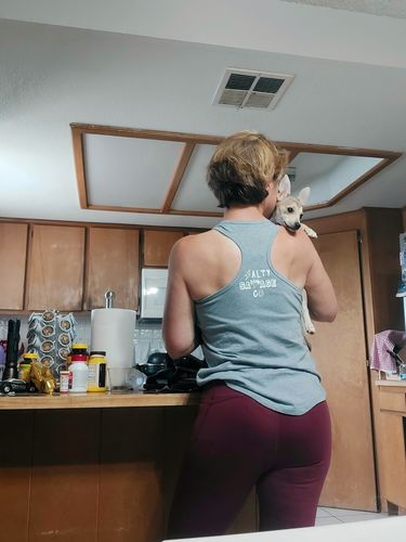 Customer photo review of Salty Savage Ladies “BE YOURSELF, NOBODY LIKES YOU ANYWAY”  Spliced Racerback Tank | Black/Gray
