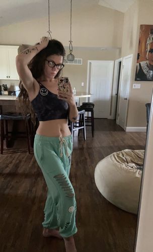 Customer photo review of Salty Savage Ladies Spliced Smile Performance Cami Crop Top | Gray Tie Dye