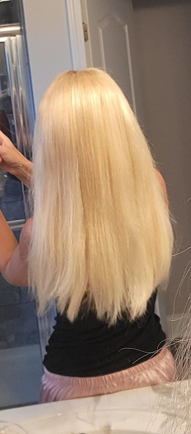 Customer photo review of Platinum Blonde Human Hair Toppers for Women with Natural Volume #60