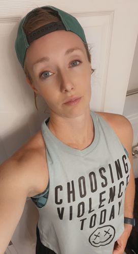 Customer photo review of Salty Savage Ladies "CHOOSING VIOLENCE TODAY Flowy Crop Top | Sage/Black