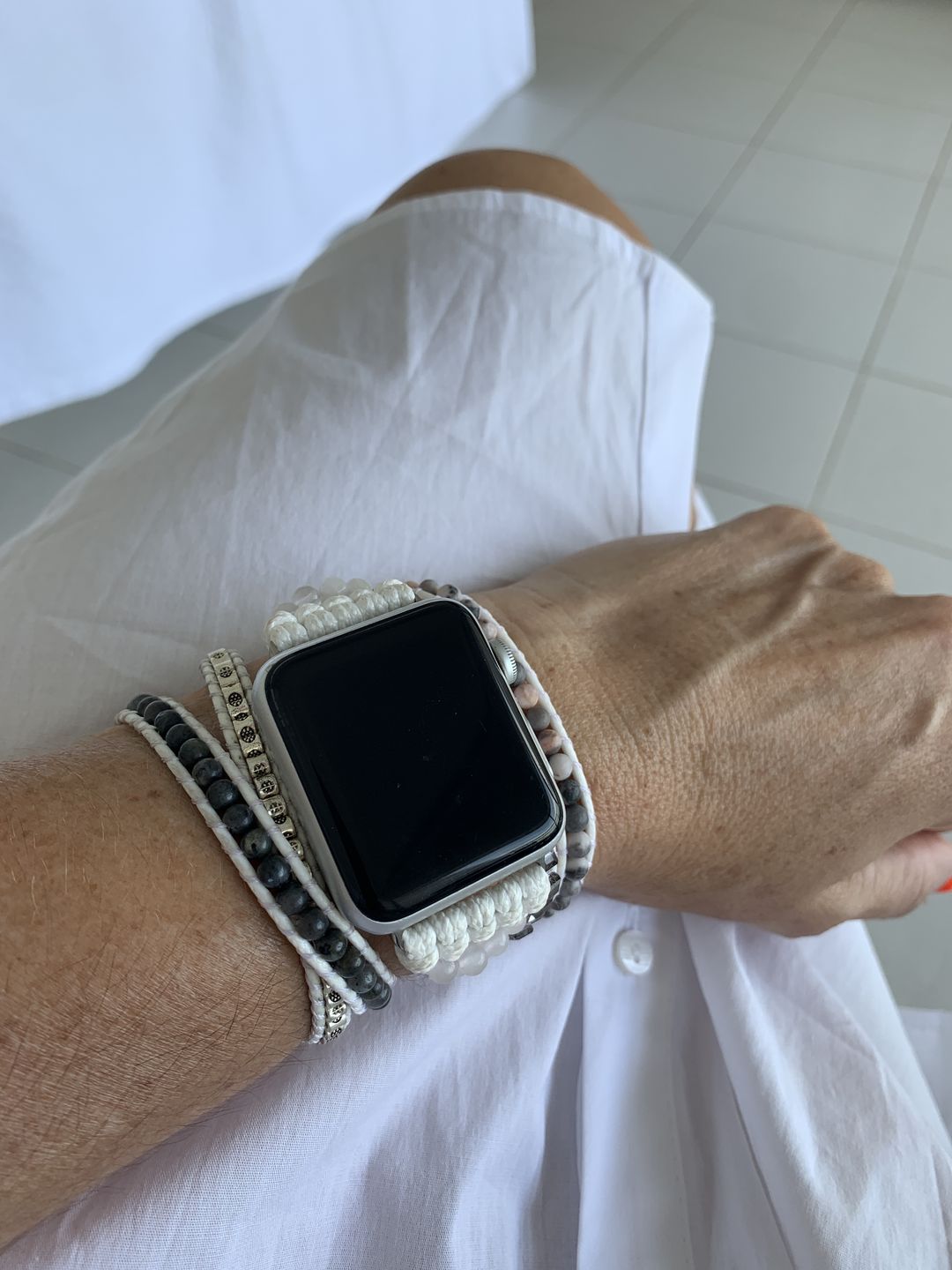 Customer photo review of White Labradorite Apple Watch Strap