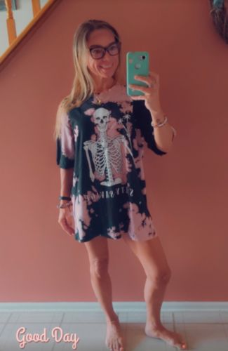 Customer photo review of Salty Savage Unisex Peace Palm Tree Skeleton Oversized Tall Crew Tee | Tie Dye