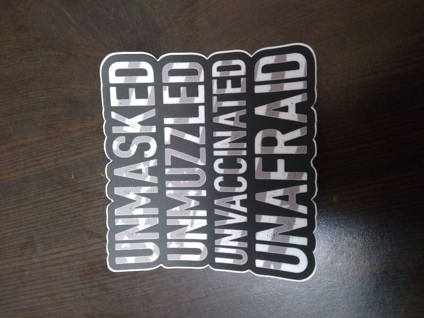 Customer photo review of Unmasked Unmuzzled Decal