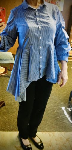 Customer photo review of Joseph Ribkoff Blue/White Striped Button-Down Asymmetric Blouse 221304 NEW