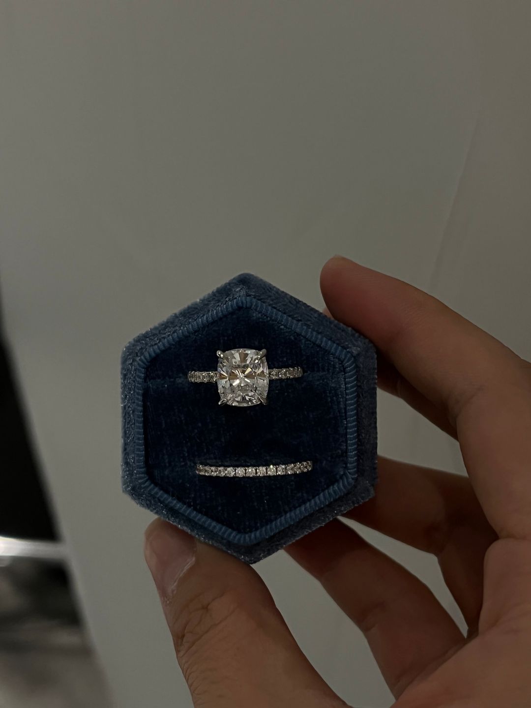 Customer photo review of S925 Classic 3.0 Carat Cushion Cut White Sapphire Wedding Set In Sterling Silver