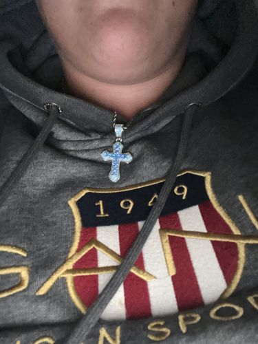 Customer photo review of BLUE CROSS PENDANT. - WHITE GOLD