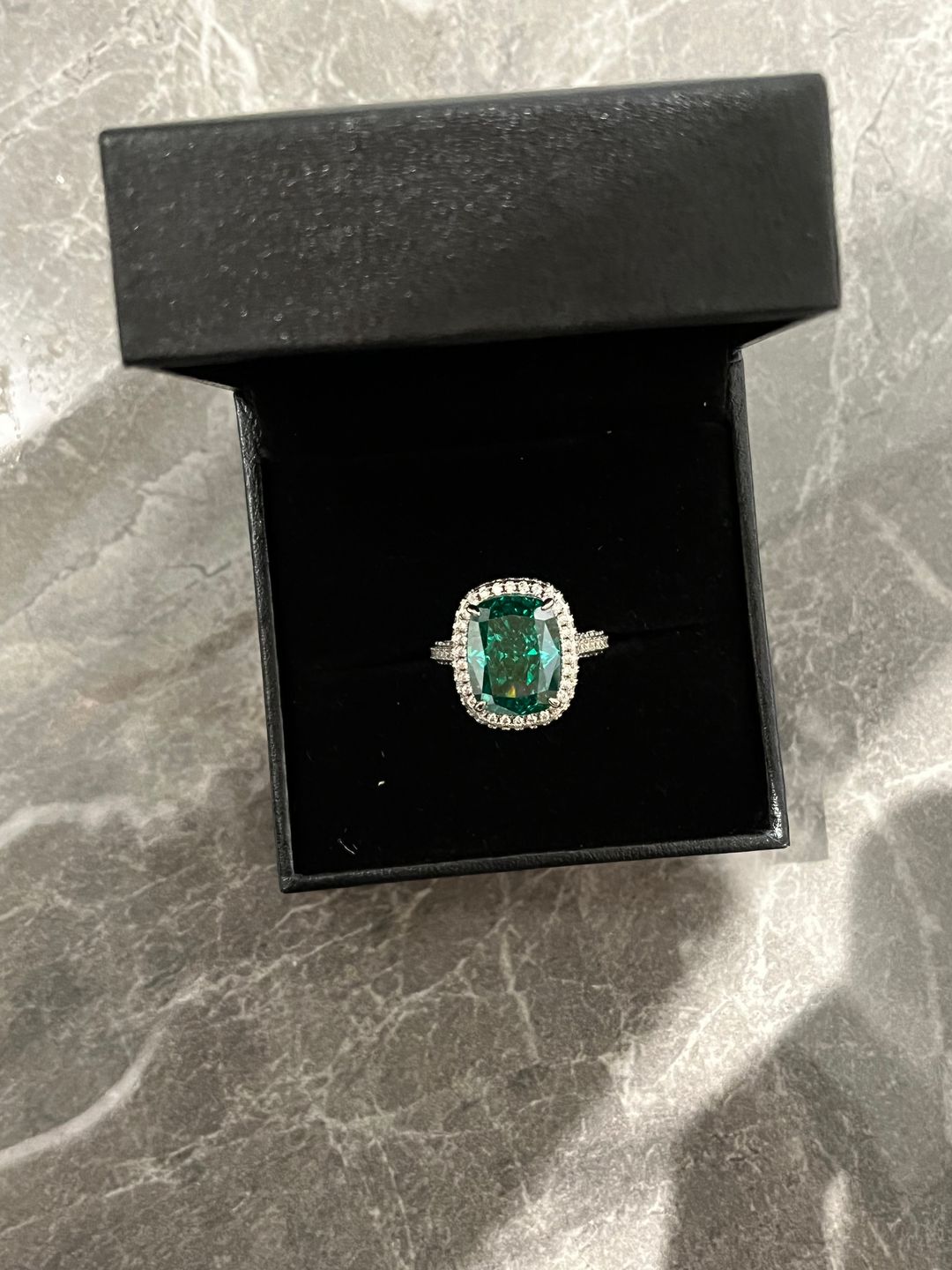 Customer photo review of Louily Gorgeous Halo Cushion Cut Paraiba Tourmaline Engagement Ring In Sterling Silver