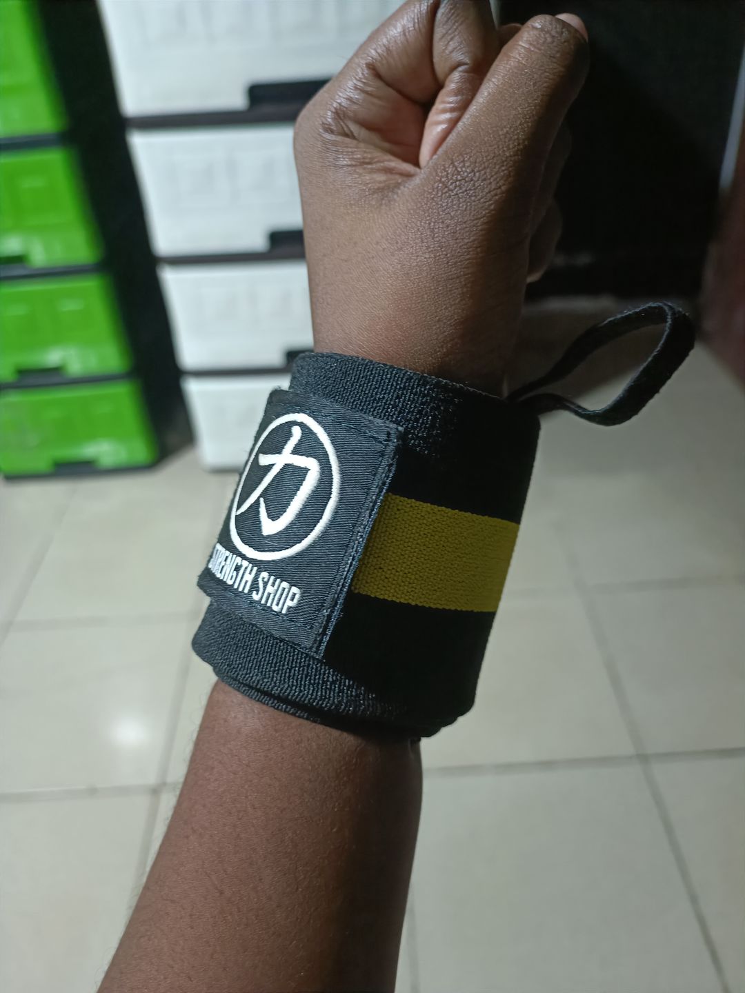 Customer photo review of Strength Shop Super Stiff Wrist Wraps - Black/Yellow - IPF Approved