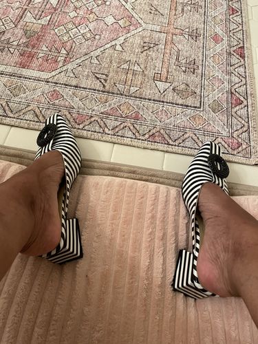 Customer photo review of Rhinestone Round Buckle Stripe Mules
