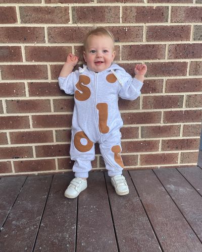 Customer photo review of For The Fun Fleece Romper - Grey/Mustard