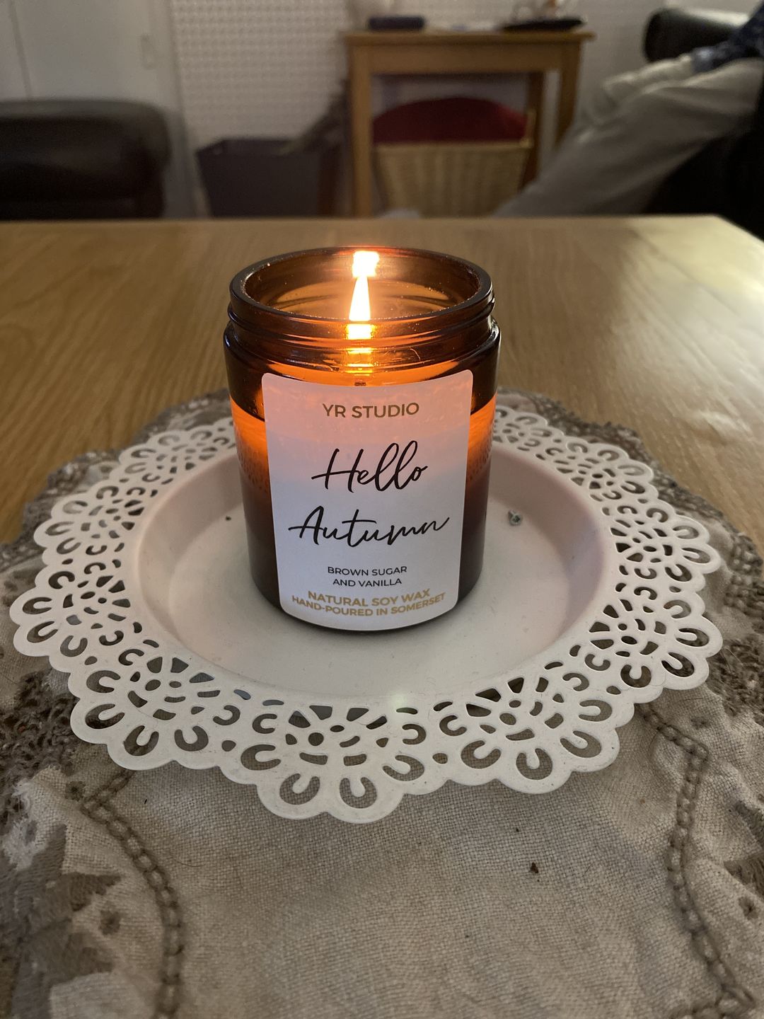 Customer photo review of "Hello Autumn" Brown Sugar and Vanilla Scented Soy Candle in Amber Jar