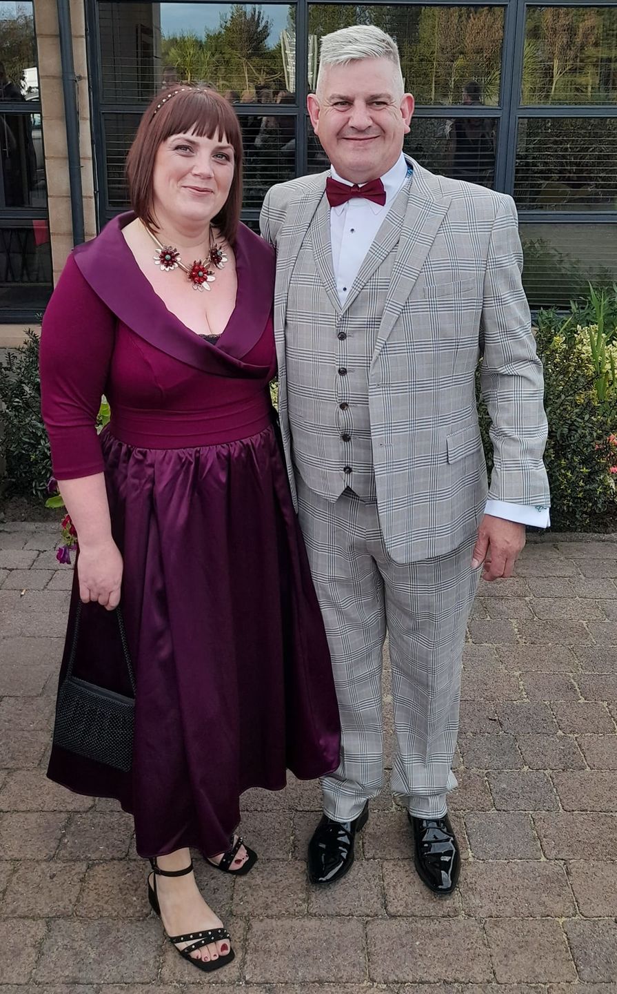 Customer photo review of The Olivia Plum Satin Tuxedo Prom Dress