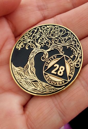 Customer photo review of 1 to 65 Year Sobriety Mint Twisted Tree of Life Gold Plated AA Recovery Medallion/Chip/Coin - Black