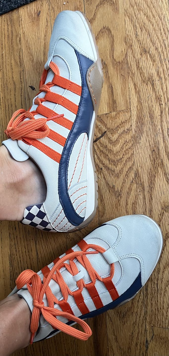 Customer photo review of Women's Racing Sneaker in Racing Oil (Creamy White with Navy and Orange)