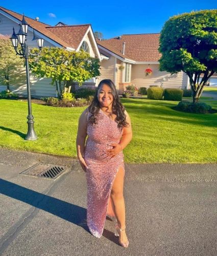 Customer photo review of Sequined One Shoulder Luxe High Split Maxi Dress