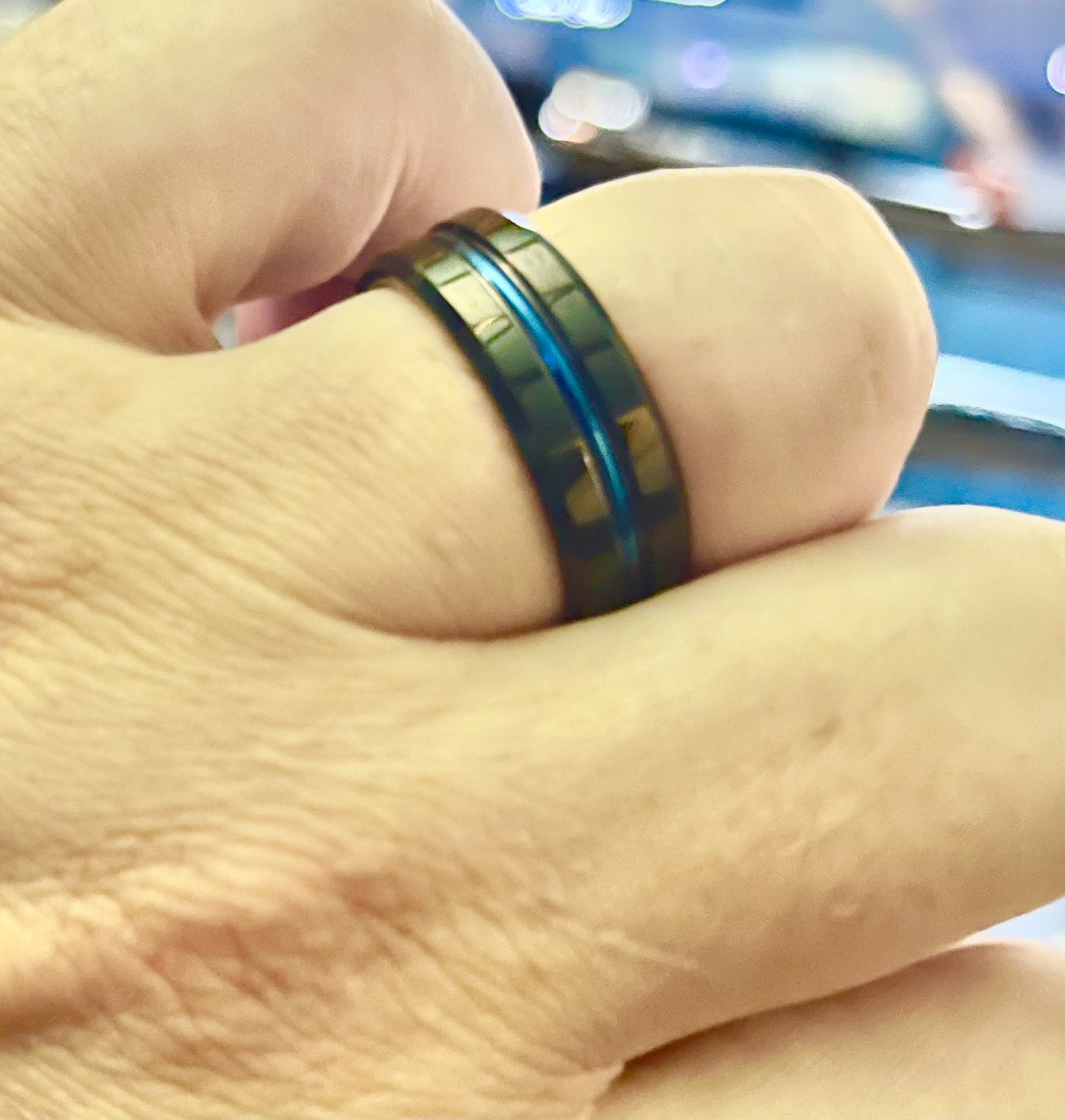 Customer photo review of 8mm Black Tungsten Carbide Wedding Band with Blue Center Groove